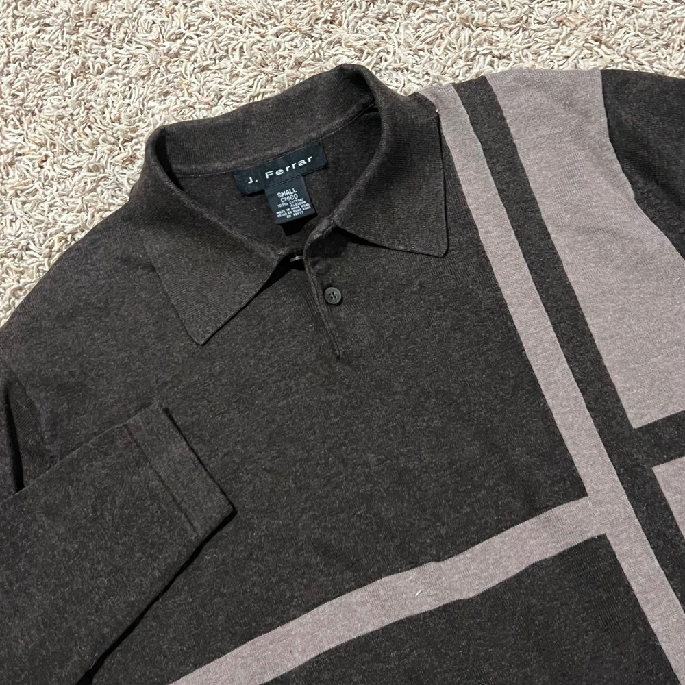 J Ferrar Vintage Long Sleeve Polo‎ Sweater Dark Brown Gray Colorblock Men's Sz S